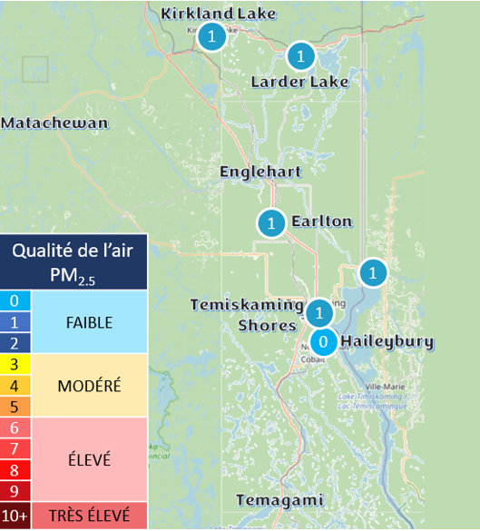 L’échelle de la qualité de l’air est la suivant : risque faible (PM2.5 de 0 à 3); risque modéré (de 4 à 6) et risque élevé (de 7 à 10); risque très élevé (plus de 10) (très mauvaise qualité de l’air).  En date du 25 juin 2024, les valeurs des appareils de surveillance situés dans le Timiskaming sont les suivantes : 1 à Kirkland Lake; 1 à Larder Lake; 1 à Earlton; 1 à Temiskaming Shores et 0 à Haileybury. Toutes ces valeurs se trouvent dans la catégorie « risque faible » sur l’échelle de la qualité de l’air.